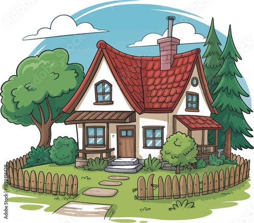 Charming cartoon cottage with a white picket fence silhouette