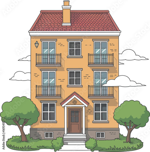 Modern multi story apartment building silhouette illustration