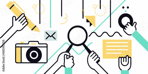 Creative brainstorming and research process with hands holding writing tools and magnifying glass