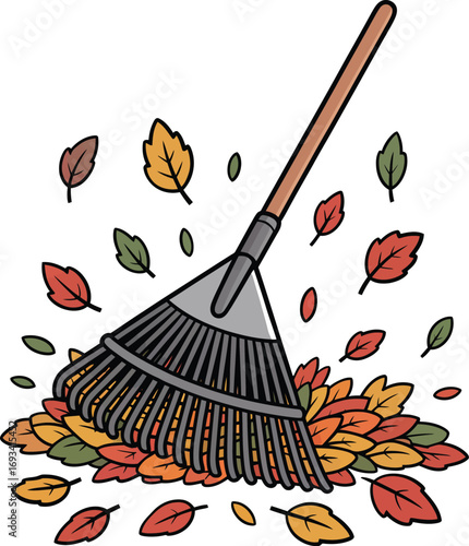 Person raking colorful fall leaves silhouette illustration