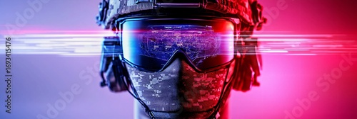 Medium close up of drone swarm operator wearing military headset, digital holographic swarm map visible.