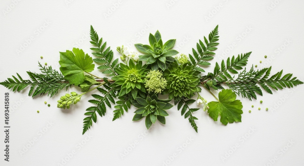 Fototapeta premium Green Foliage and Succulent Flat Lay Arrangement