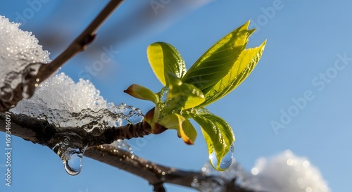 A vibrant green leaf bud emerges through melting winter snow, symbolizing the arrival of spring and new life