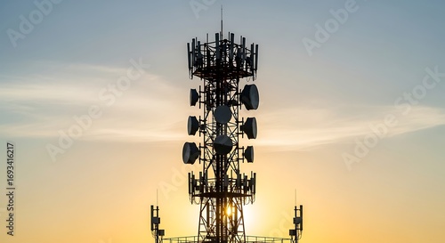 Telecommunication Tower at Sunset with Clear Sky