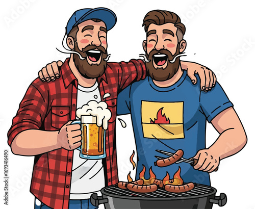 Two men enjoying a barbecue, laughing and drinking beer.