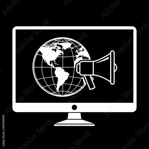 Vector art of global communication and announcement concept with a megaphone and world map displayed on a computer monitor screen