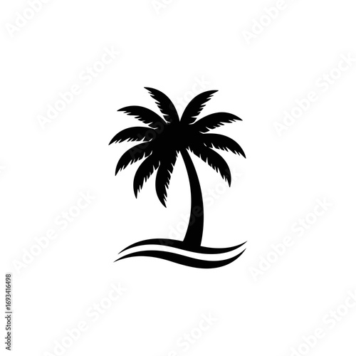 Vector art of black silhouette of a palm tree with wavy lines at the base