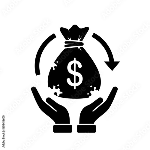 Vector art of money bag with dollar sign held in hands with circular arrows indicating exchange or return