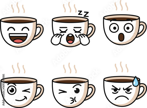 A collection of six unique pixel art coffee cup emojis, each displaying a different emotion: happy, sleepy, surprised, playful, mischievous, and annoyed. Perfect for adding personality to your designs