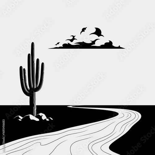 Vector art of black and white illustration of a saguaro cactus and a winding road in a desert landscape with stylized clouds in the sky