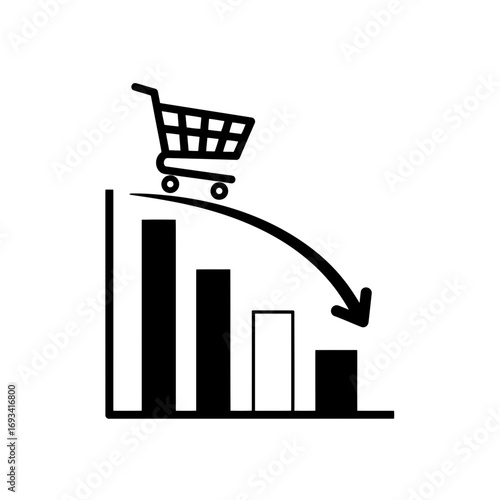 Vector art of shopping cart icon on a downward trending bar graph, symbolizing declining sales or economic downturn