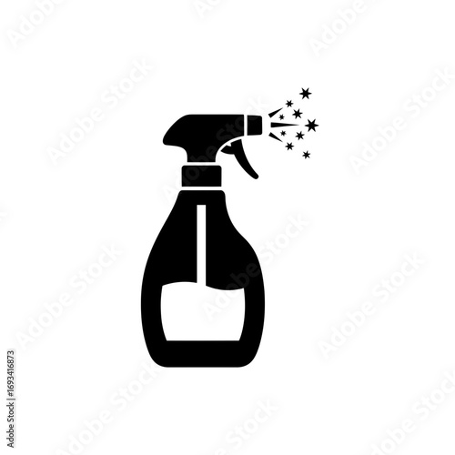 Vector art of black silhouette of a spray bottle with a trigger, spraying sparkling liquid