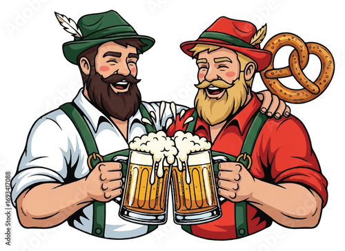 Two cheerful men in traditional German lederhosen toasting with beer mugs at Oktoberfest.