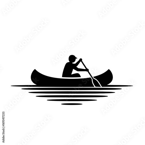 Vector art of silhouette of a person paddling a canoe on rippling water