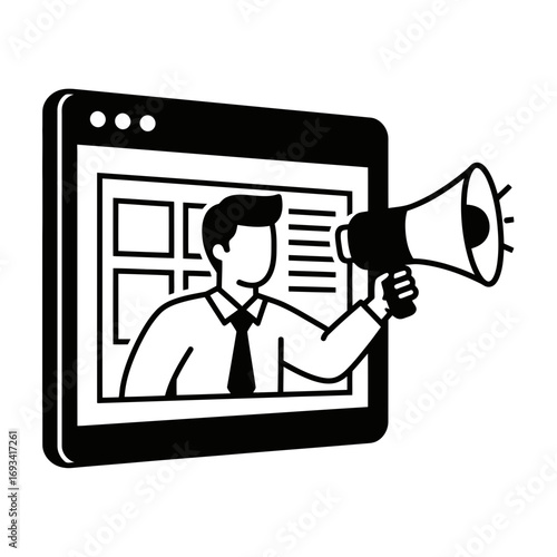 Vector art of man with megaphone announcing news on a computer screen, digital marketing concept
