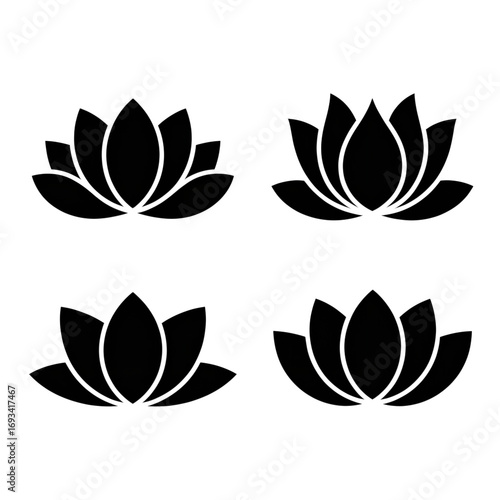 Elegant Lotus Flower Line Art Set:  Four Minimalist Designs, Black Background, Spa Wellness Theme.