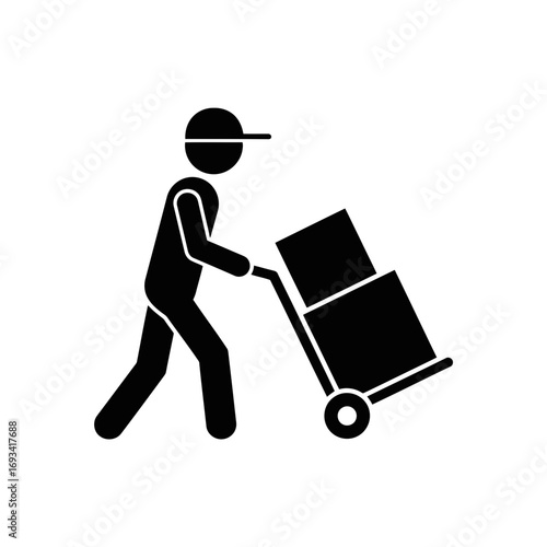 Vector art of silhouette of a delivery person pushing a trolley with boxes