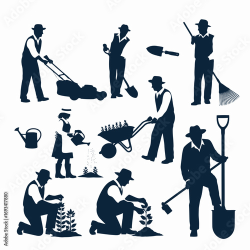 Vector art of gardening silhouettes of people performing various tasks like mowing lawn, planting, watering, and using tools like rake and shovel