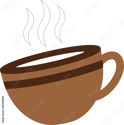 A digital illustration of a brown teacup or coffee cup with dark brown stripes near the rim. The cup is filled with a light-colored liquid, and steam rises from its surface.
