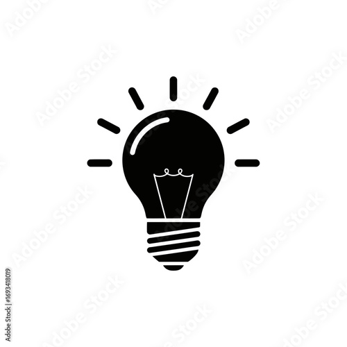 Vector art of a simple black silhouette of an incandescent light bulb with radiating lines, symbolizing an idea or inspiration, isolated on a