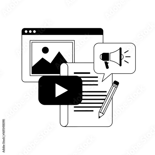 Vector art of digital marketing content creation and promotion concept with website, document, video play button, megaphone, and pencil