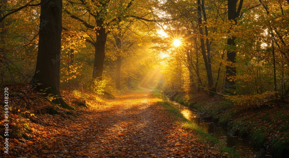Golden Sunlight Illuminates Autumn Forest Path Golden Sunlight Illuminates Autumn Forest Path