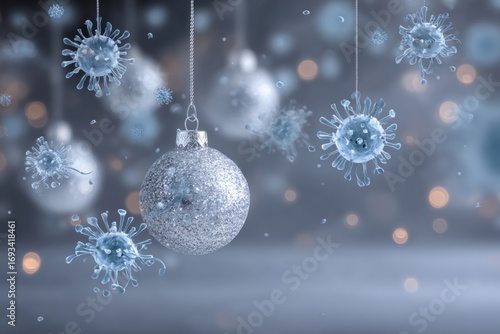 Festive simplicity: a white christmas setting. Biohazard virus. Subtle shifts in festive arrangement on a white canvas. Infectious microbes. Viral contamination.