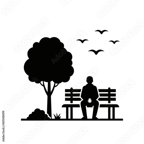 Vector art of silhouette of a person sitting alone on a park bench under a tree with birds flying in the sky