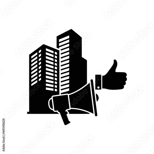 Vector art of black and white icon representing a megaphone and a thumbsup gesture in front of modern buildings