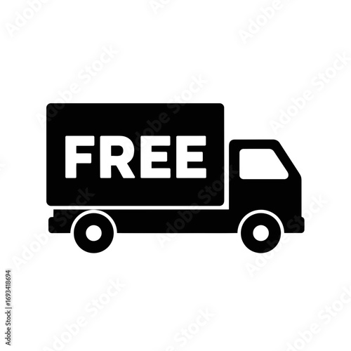 Vector art of black silhouette of a delivery truck with the word free prominently displayed on its side, isolated on a, symbolizing free shipping and delivery services