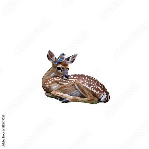 lying deer in spring with a little bird