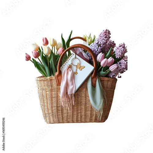 basket with flowers , wicker basket filled with tulips and other flowers , a book and a draped pink fabric