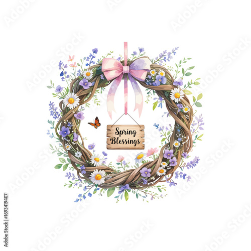 spring home decorations , wreath with flowers and butterflies