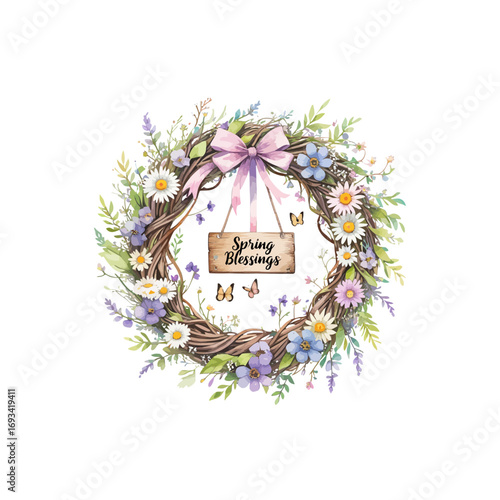 spring home decorations , wreath with flowers and butterflies