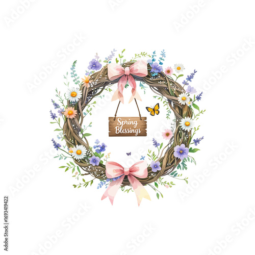 spring home decorations , wreath with flowers and butterflies