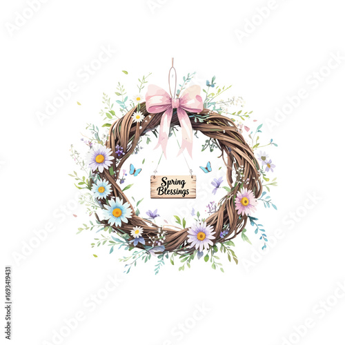 spring home decorations , wreath with flowers and butterflies