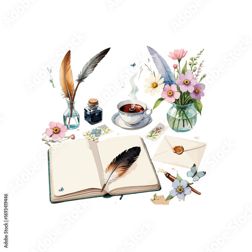 old book with feather and ink , an open book with a butterfly , an inkwell , floral arrangements , a cup envelop and feather quill