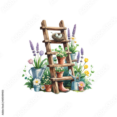 flowers in a pot , garden ladder with flower pots and other decorations 