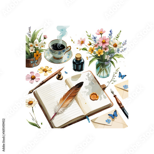 an open book with a butterfly , an inkwell , floral arrangements , a cup envelop and feather quill