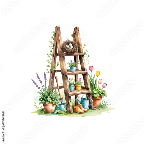 garden ladder with flower pots and other decorations 
