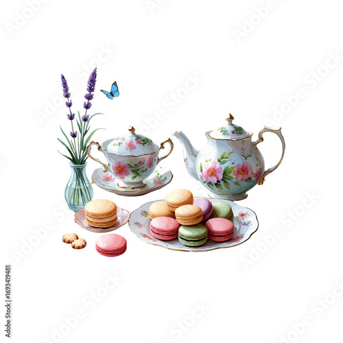 cup of tea and sweets with flower pot