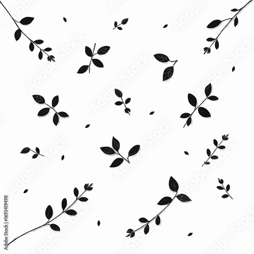 A scattered pattern of various black-and-white silhouettes of leaves and branches.