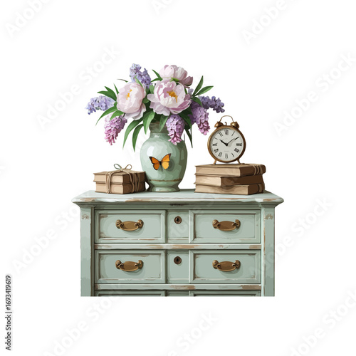 flowers in a wooden box , console table or dresser with vase of flowers , books and a small clock