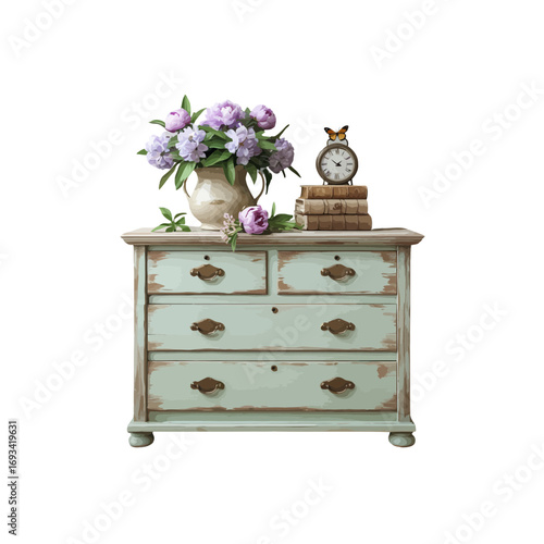flowers in a wooden box , console table or dresser with vase of flowers , books and a small clock