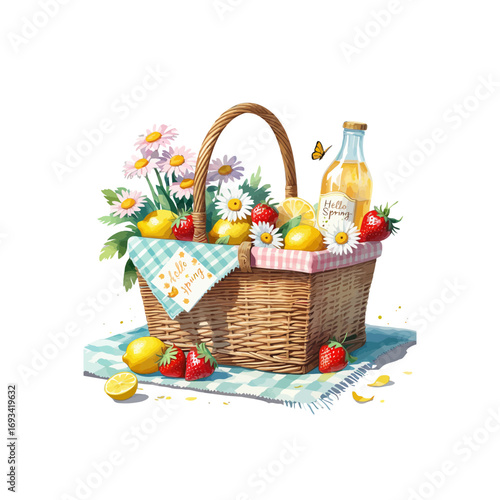 basket with fruits, picnic basket with flowers and fruits