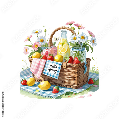 basket with fruits, picnic basket with flowers and fruits