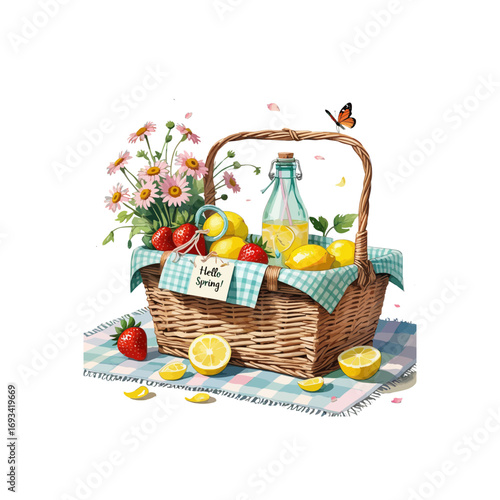 basket with fruits , picnic basket with fruits , butterflies and flowers