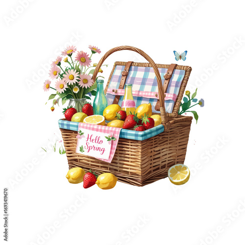 basket with fruits , picnic basket with fruits , butterflies and flowers