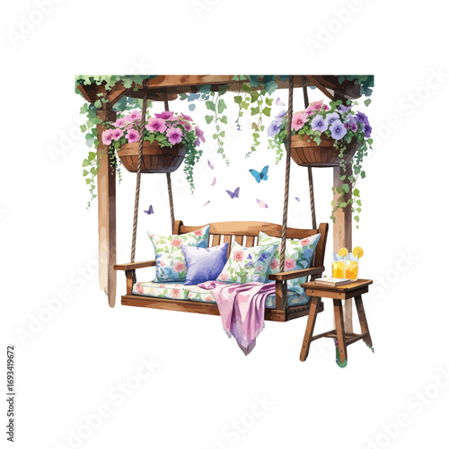 table and chairs , garden chair , floral swing with other decorations