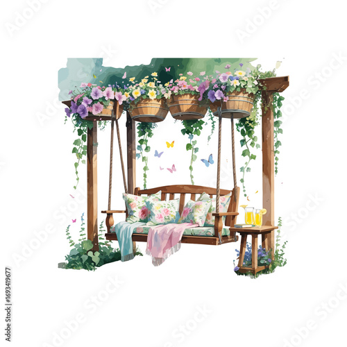 table and chairs , garden chair , floral swing with other decorations